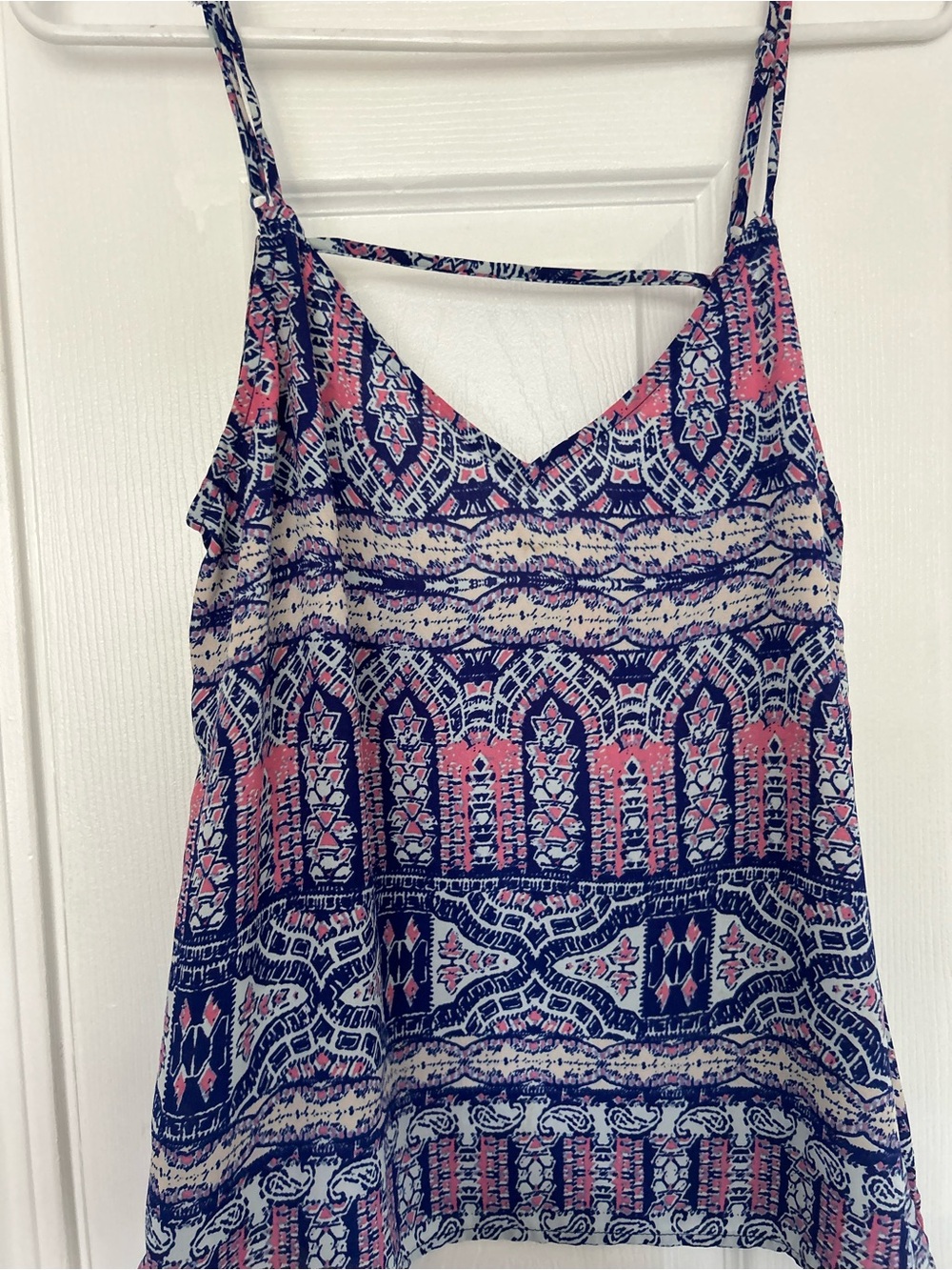 Womens Navy and Pink Patterned Spaghetti Strap Tank Top